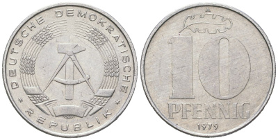 ГДР 10 пфеннигов 1979 A KM 10 алюминий 201-1025