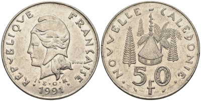 Французская Новая Каледония 50 франков 1991 хижина среди сосен и пальм, (IEOM) KM 13, Schoen 15, Lec 121 никель 4120-921