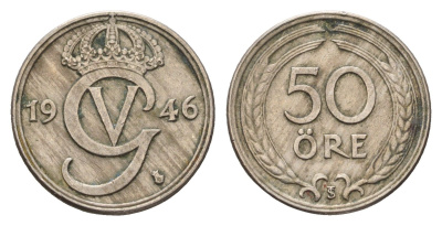 Швеция 50 эре 1946 TS, Густав V (1907-1950) KM 796 никель латунь 4119-1141