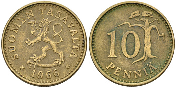 Финляндия 10 пенни 1966 S KM 46 алюминиевая бронза 192-1029
