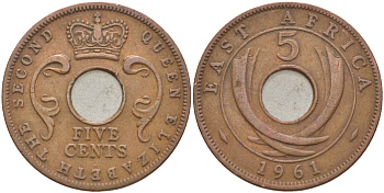 Британская Восточная Африка 5 центов 1961 Елизавета II (1952-) KM 37 бронза 95-753