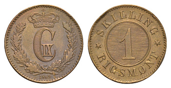 Дания 1 скиллинг-ригсмёнт 1869 Кристиан IX (1863-1906) KM 774 бронза aUNC 1519-313