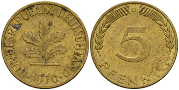 ФРГ 5 пфеннигов 1970 D J.382, KM 107 сталь плакированная латунью    4598-944