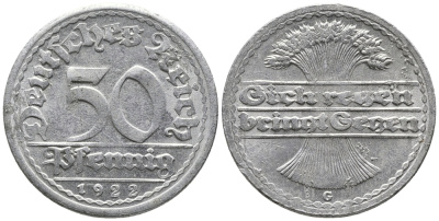 ГЕРМАНИЯ 50 ПФЕННИГОВ 1922 G KM 27, J. 301 алюминий 24-1047