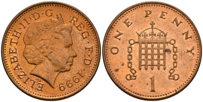 Великобритания 1 пенни 1999 Елизавета II (1952-2022) KM 986, Spink 4710 (B5) сталь плакированная медью 4154-1016