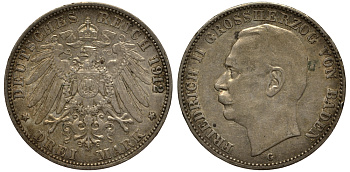 Баден 3 марки 1912 Фридрих II (1907-1918) J. 39, KM 280 серебро    3711-1715