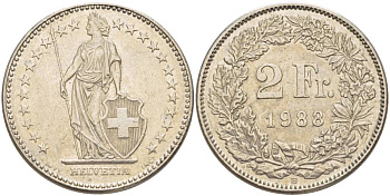 Швейцария 2 франка 1988 В KM 21а.3 медно-никель 4542-533