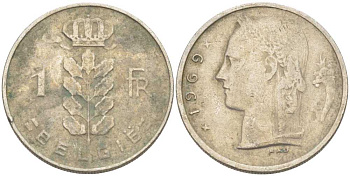 БЕЛЬГИЯ 1 ФРАНК 1969 BELGIE KM 143.1 медно-никель 175-254