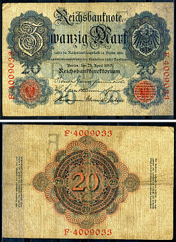 Германия 20 марок 1910 Pick 40 b бумага 7191-5-1-2