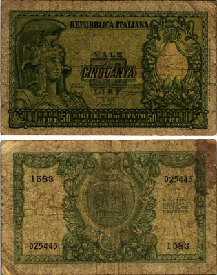Италия 50 лир 1951 Афина Pick 91a бумага 7548-120-3-2