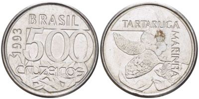 Бразилия 500 крузейро 1993 морская черепаха KM 624 нержавеющая сталь 4396-1014
