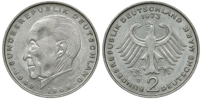ФРГ 2 марки 1973 D, Конрад Аденауэр KM 124, J. 406 медно-никель плакированный никелем UNC 4681-1046