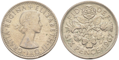 Великобритания 6 пенсов 1967 Елизавета II (1952-2022) KM 903, Spink 4149 медно-никель 3955-1159