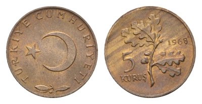 Турция 5 курушей 1968 KM 890.1 бронза UNC 4674-919