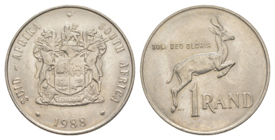 ЮАР 1 ранд 1988 антилопа спрингбок, герб KM 88a никель UNC 4645-931
