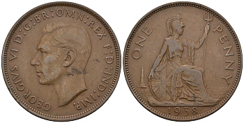 Великобритания 1 пенни 1938 Георг VI (1936-1952) KM 845, Spink 4114 бронза 4607-1225