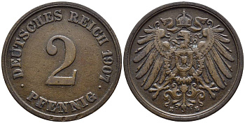 ГЕРМАНИЯ 2 ПФЕННИГА 1907 E KM 16, Jager 11, Weege 4 медь 4546-643