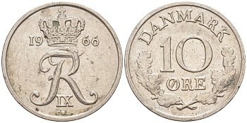 Дания 10 эре 1966 С; S, Фредерик IX (1947-1972) KM 849.1 медно-никель 105-466
