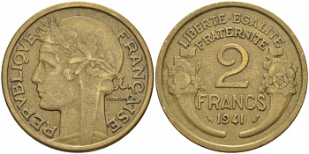 ФРАНЦИЯ 2 ФРАНКА 1941 KM 886 алюминиевая бронза 4403-141