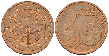 Германия 2 евроцента 2011 G KM 208 сталь плакированная медью 220-955