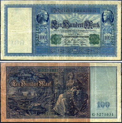 Германия 100 марок 1910 21 апреля 1910, зеленая печать, Меркурий и Церера, белая бумага Pick 43 (1) бумага 7191-45-2-2