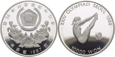 Южная Корея 10000 вон 1987 XXIV Летние Олимпийские игры в Сеуле 1988 года, прыжки в воду KM 57 серебро PROOF 1078-8-51