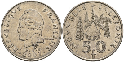 Французская Новая Каледония 50 франков 2007 хижина среди сосен и пальм, (IEOM) KM 13a, Schoen 15a, Lec 128i медно-никель 4144-1233
