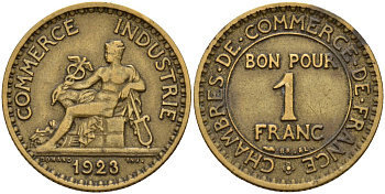 Франция 1 франк 1923 тип Chambre de commerce KM 876, Le Franc 218.5 алюминиевая бронза 4126-641