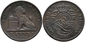 БЕЛЬГИЯ 2 САНТИМА 1870 BELGES KM 35.1 медь 95-654