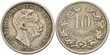 ЛЮКСЕМБУРГ 10 САНТИМОВ 1901 АДОЛЬФ (1890-1905) KM 25 медно-никель 4548-755