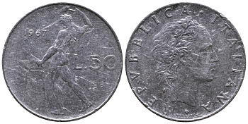 ИТАЛИЯ 50 ЛИР 1967 R, КУЗНЕЦ KM 95.1 сталь 3333-242