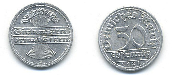 ГЕРМАНИЯ 50 ПФЕННИГОВ 1921 D KM 27, J. 301 алюминий 58-427