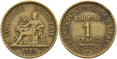 Франция 1 франк 1923 тип Chambre de commerce KM 876, Le Franc 218.5 алюминиевая бронза 4126-641