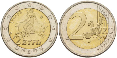 Греция 2 евро 2002 похищение Европы KM 188 биметалл UNC 34-456