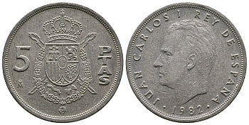 ИСПАНИЯ 5 ПЕСЕТ 1982 ХУАН КАРЛОС KM 823 медно-никель 4110-1522