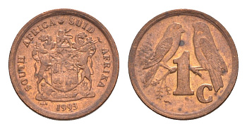 ЮАР 1 цент 1993 герб, капские воробьи KM 132 сталь плакированная медью UNC 4608-953
