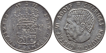 Швеция 1 крона 1973 Густав VI Адольф (1950-1973) KM 826а медь плакированная медно-никелем 4395-1125