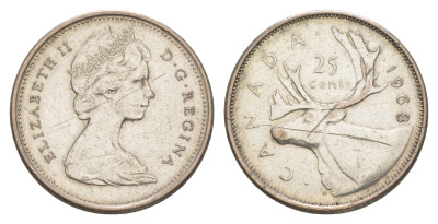 Канада 25 центов 1968 Елизавета II (1952-2022), олень KM 62a серебро 4631-557