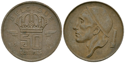 Бельгия 50 сантимов 1953 BELGIQUE KM 144 бронза 4164-1039