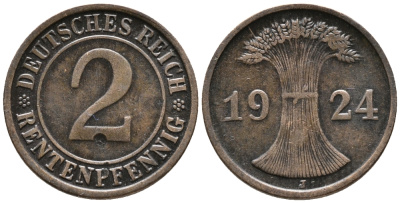 ГЕРМАНИЯ 2 РЕНТЕНПФЕННИГА 1924 J KM 31, J. 307 бронза 24-544