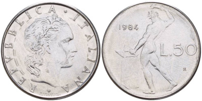 ИТАЛИЯ 50 ЛИР 1984 R, БОГ ОГНЯ ВУЛКАН У НАКОВАЛЬНИ KM 95.1 нержавеющая сталь 4551-414