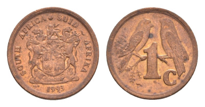 ЮАР 1 цент 1993 герб, капские воробьи KM 132 сталь плакированная медью UNC 4608-953