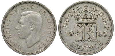 Великобритания 6 пенсов 1945 Георг VI (1936-1952) KM 852, Spink 4084 серебро 4128-817