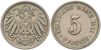 Германия 5 пфеннигов 1911 A KM 11, J. 12, Weege 6 медно-никель 08-1353