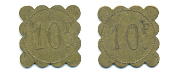 ФРАНЦИЯ 10 ФРАНКОВ НАЧАЛО XX ВЕКА 25 x 25 мм, вес около 3,85 гр., платежный жетон., платежный жетон латунь 89-1126