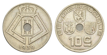 Бельгия 10 сантимов 1939 Belgie - Belgique, Леопольд III (1934-1951) KM 113 никель латунь 4169-636