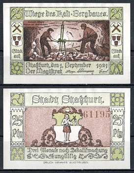 Штасфурт (Пруссия, Саксония) 25 пфеннигов 1921 Mehl Grabowski 1256.2b-2/6 бумага UNC (пресс) 7556-67-3-1
