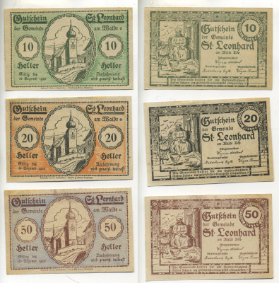 Австрия набор из 3 банкнот 1920 до 30 декабря 1920, нотгельд, 10, 20, 50 геллеров, ST. LEONHARD am WALDE   бумага  aUNC  7555-2-4-2