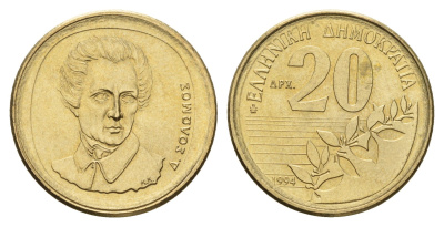 Греция 20 драхм 1994 Дионисиос Соломос KM 154 алюминиевая бронза UNC 4670-336