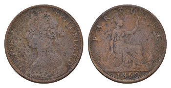 Великобритания 1 фартинг 1860 Виктория (1837-1901) KM 747, Spink 3950 бронза 4623-1042